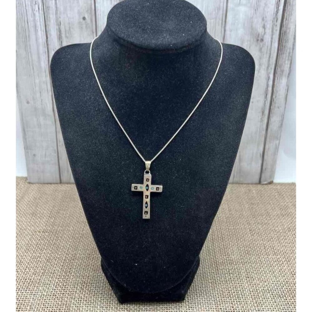 VTG Sterling Silver Cross Pendant Necklace Turquoise Onyx Inlays 7598 Mexico 18"